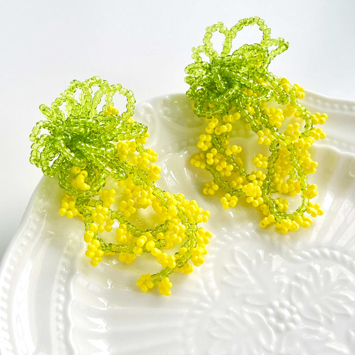 Handmade Yellow Rapeseed Blossom Beaded Earrings