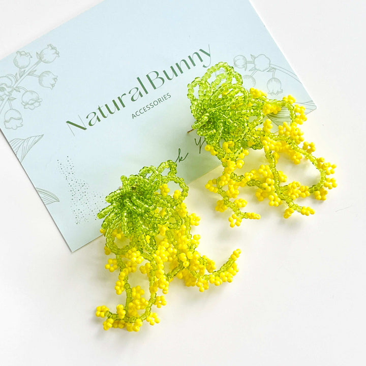 Handmade Yellow Rapeseed Blossom Beaded Earrings