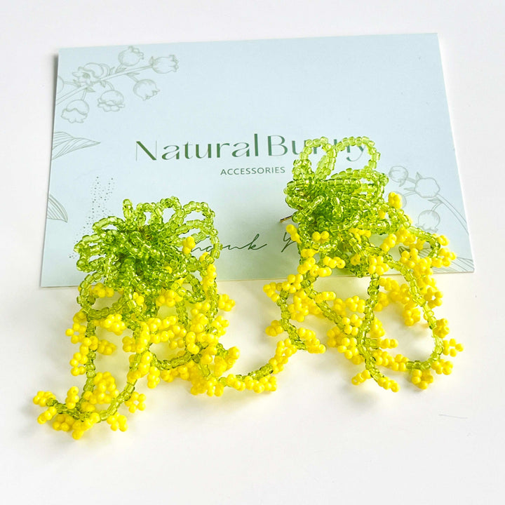 Handmade Yellow Rapeseed Blossom Beaded Earrings