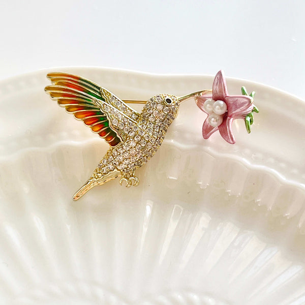 Hummingbird With Flower Brooch