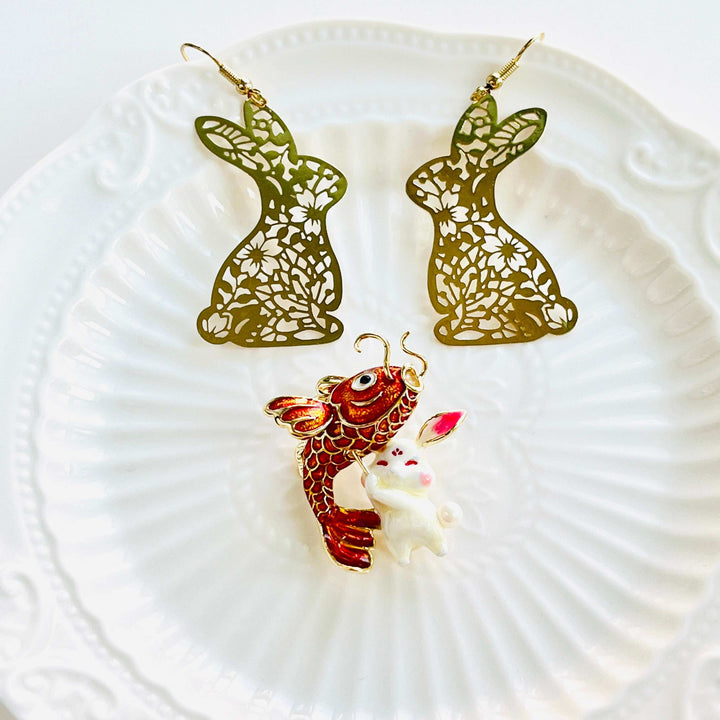 Metal Papercutting Rabbit Dangle Earrings