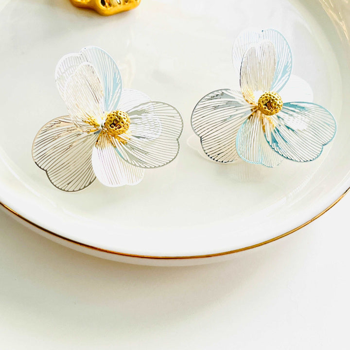 Metallic Silvery Floral Earrings