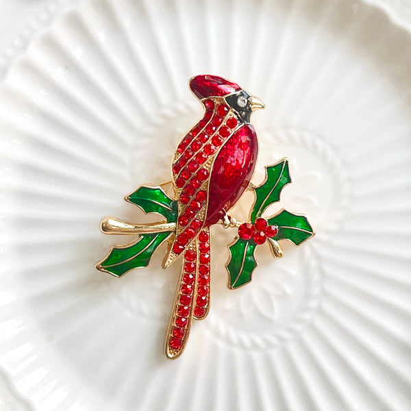 Northern Cardinal Holly Leaf Brooch