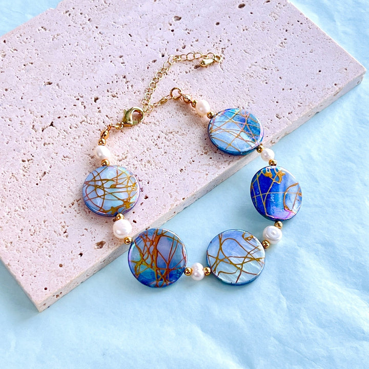Ocean Blue Shell Pearl Earrings/Bracelet/Necklace Set - Natural Bunny Accessories