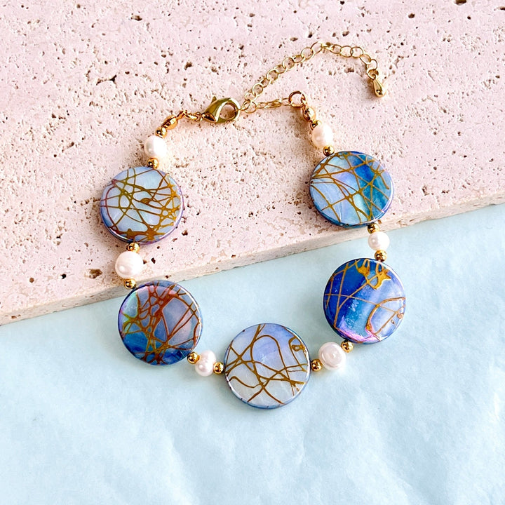 Ocean Blue Shell Pearl Earrings/Bracelet/Necklace Set - Natural Bunny Accessories