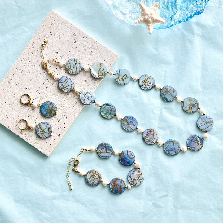 Ocean Blue Shell Pearl Earrings/Bracelet/Necklace Set - Natural Bunny Accessories