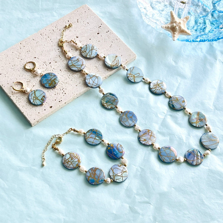 Ocean Blue Shell Pearl Earrings/Bracelet/Necklace Set - Natural Bunny Accessories