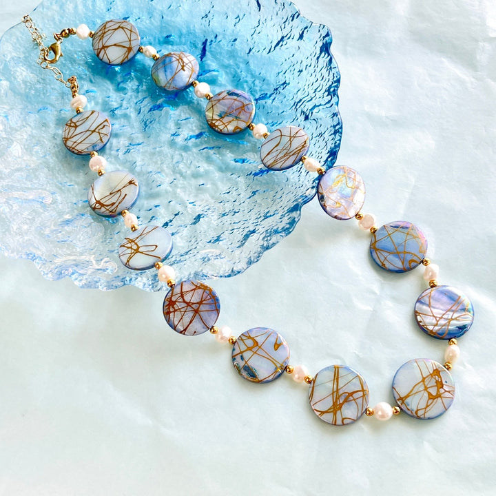 Ocean Blue Shell Pearl Earrings/Bracelet/Necklace Set - Natural Bunny Accessories
