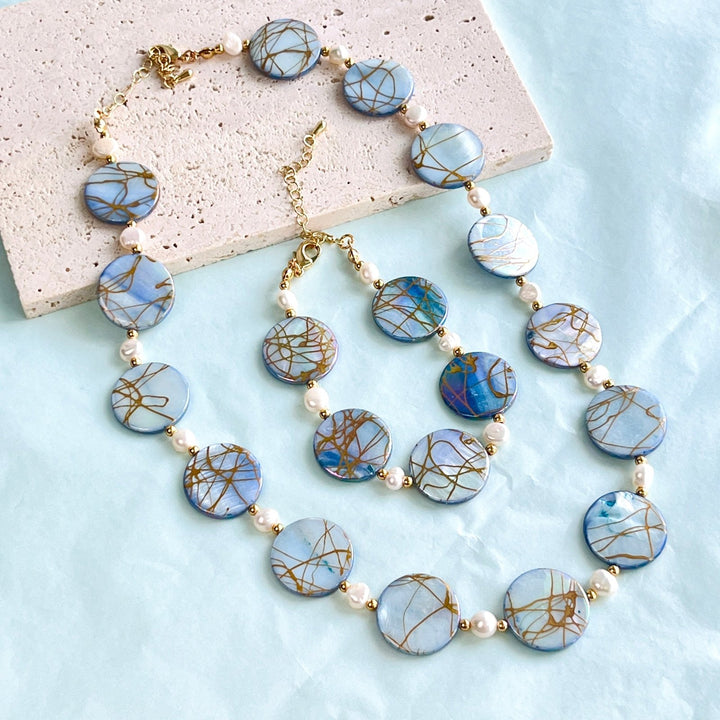 Ocean Blue Shell Pearl Earrings/Bracelet/Necklace Set - Natural Bunny Accessories