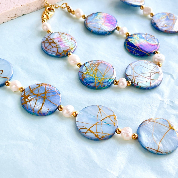 Ocean Blue Shell Pearl Earrings/Bracelet/Necklace Set - Natural Bunny Accessories
