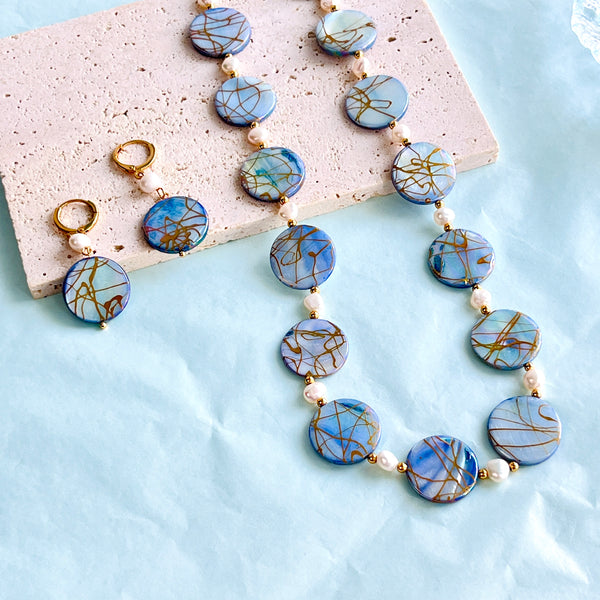 Ocean Blue Shell Pearl Earrings/Bracelet/Necklace Set