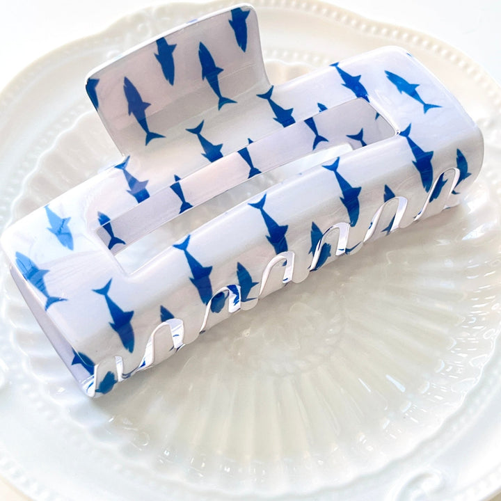 Ocean Dolphin Print Rectangle Hair Claw Clip - Natural Bunny Accessories