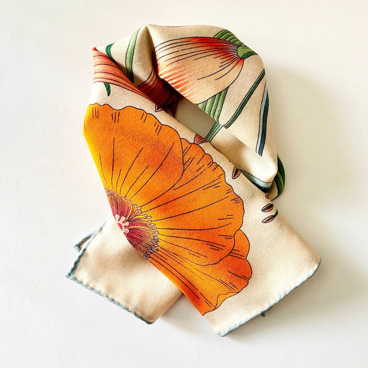Orange Flower Silk Wool Square Scarf - Natural Bunny Accessories