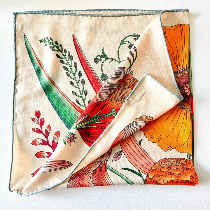 Orange Flower Silk Wool Square Scarf - Natural Bunny Accessories