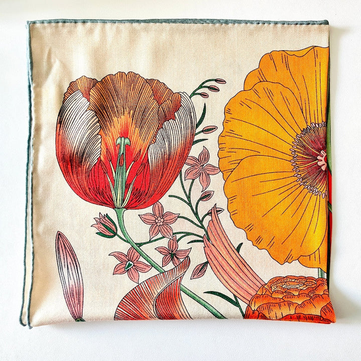 Orange Flower Silk Wool Square Scarf - Natural Bunny Accessories
