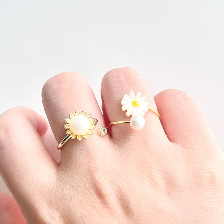 Pearl Sunflower Open Ring - Natural Bunny Accessories