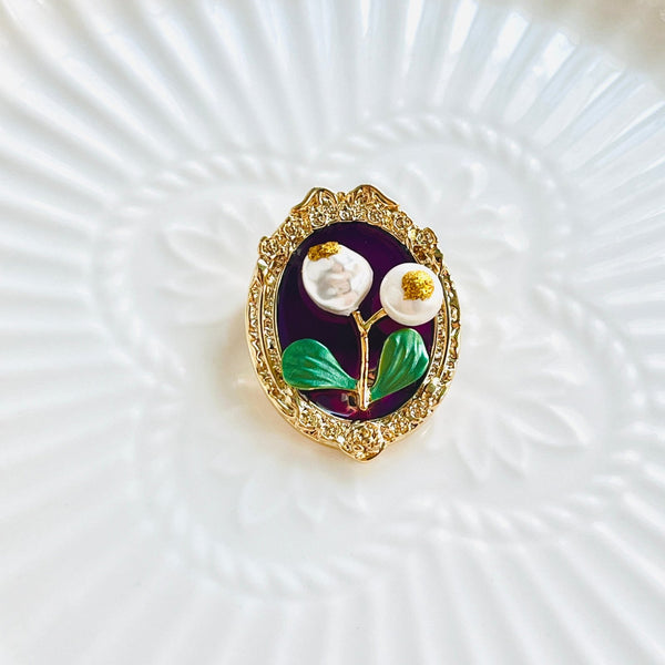Pearl Flower In Oil Painting Frame Brooch - Natural Bunny Accessories