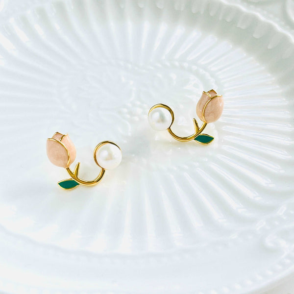 Pink Tulip Freshwater Pearl Stud Earrings