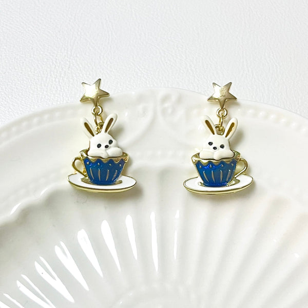 Rabbit In the Coffee Cup Earrings - Natural Bunny Accessories