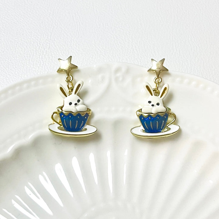 Rabbit In the Coffee Cup Earrings - Natural Bunny Accessories