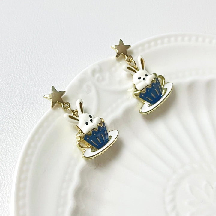 Rabbit In the Coffee Cup Earrings - Natural Bunny Accessories