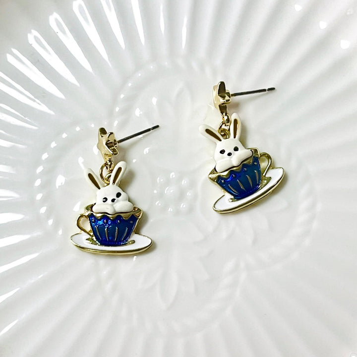 Rabbit In the Coffee Cup Earrings - Natural Bunny Accessories