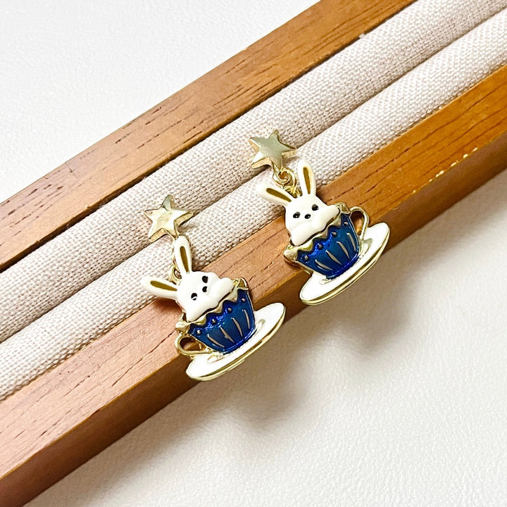 Rabbit In the Coffee Cup Earrings - Natural Bunny Accessories