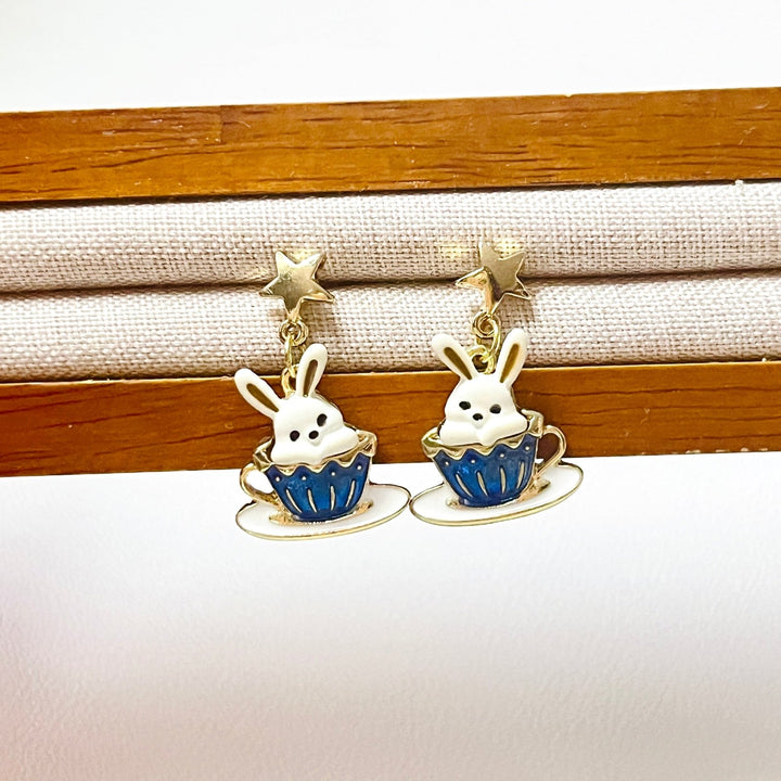 Rabbit In the Coffee Cup Earrings - Natural Bunny Accessories