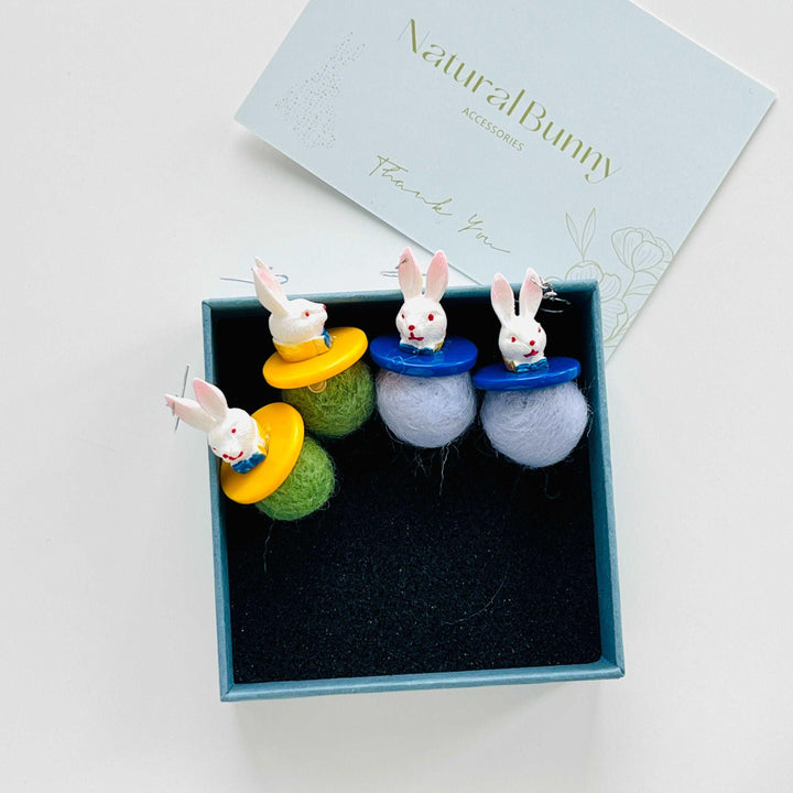 Rabbit With Wool Felt Ball Hook Earrings