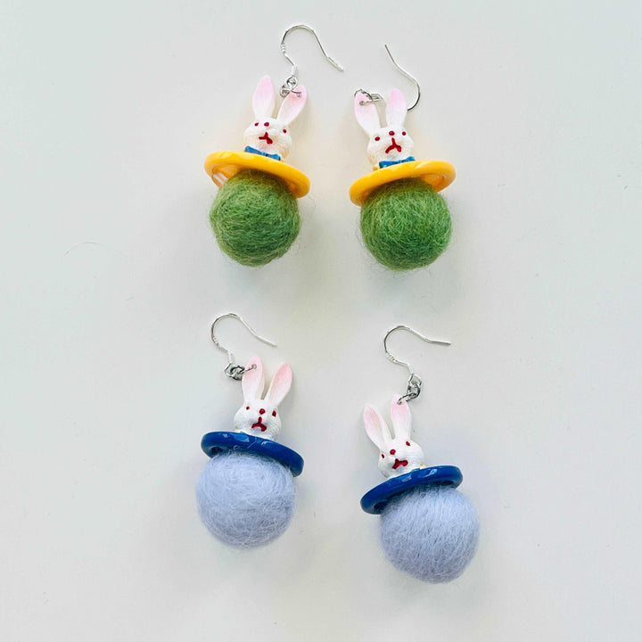 Rabbit With Wool Felt Ball Hook Earrings