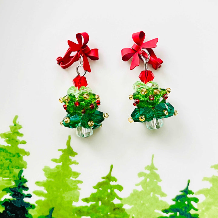 Red Bow Christmas Tree Earrings / Clip-on Earrings