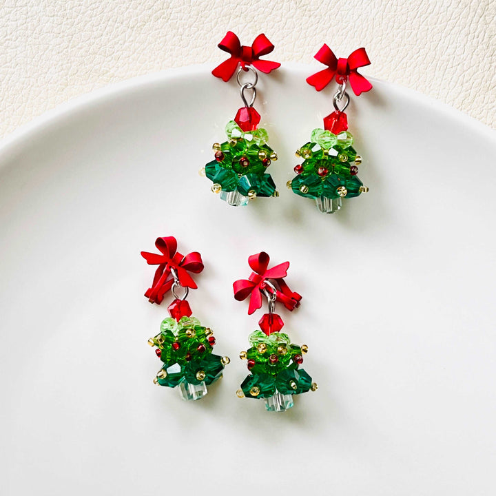Red Bow Christmas Tree Earrings / Clip-on Earrings