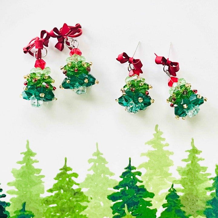 Red Bow Christmas Tree Earrings / Clip-on Earrings