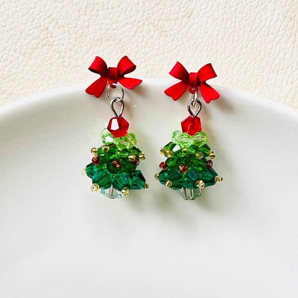 Red Bow Christmas Tree Earrings / Clip-on Earrings