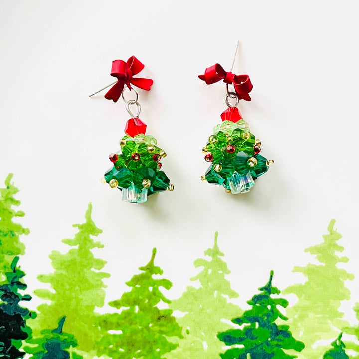 Red Bow Christmas Tree Earrings / Clip-on Earrings