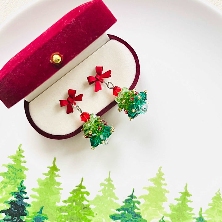 Red Bow Christmas Tree Earrings / Clip-on Earrings