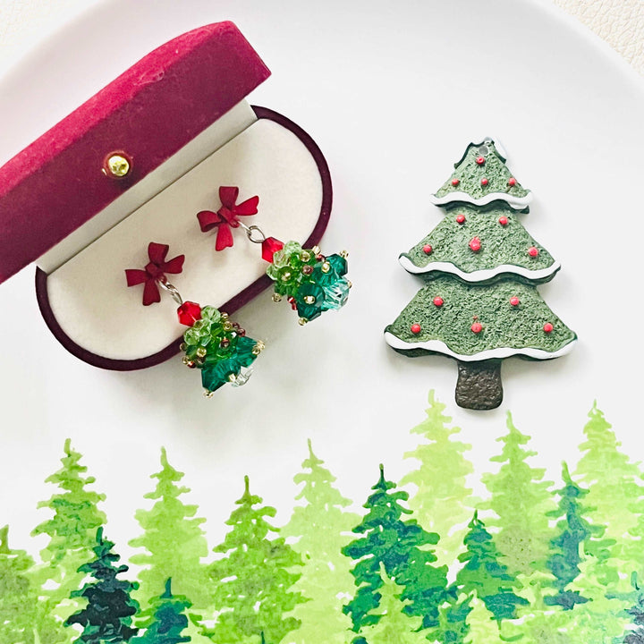 Red Bow Christmas Tree Earrings / Clip-on Earrings