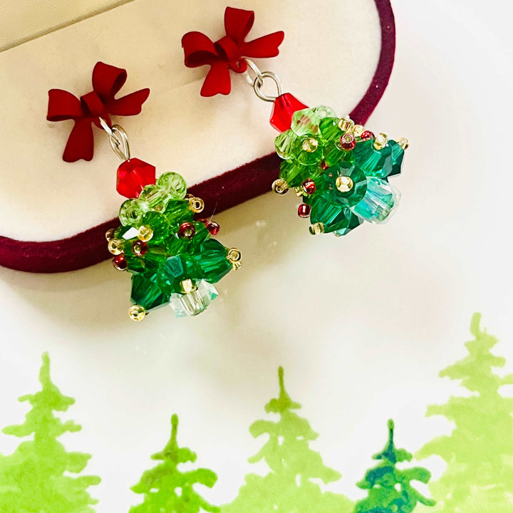 Red Bow Christmas Tree Earrings / Clip-on Earrings