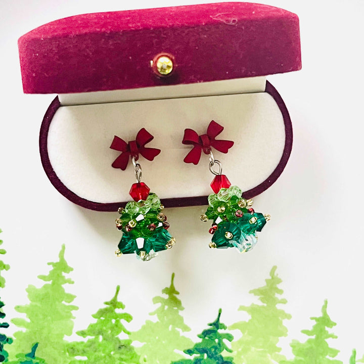 Red Bow Christmas Tree Earrings / Clip-on Earrings