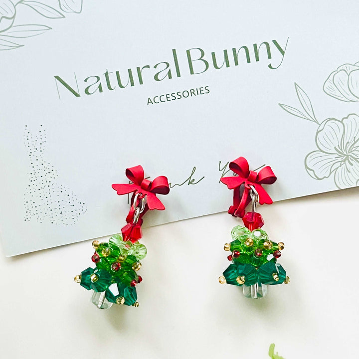 Red Bow Christmas Tree Earrings / Clip-on Earrings