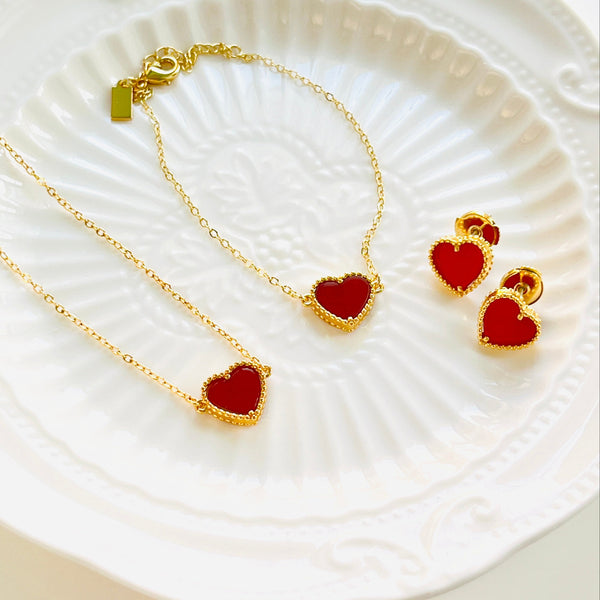 Red Heart Stud Earrings / Bracelet / Necklace Set