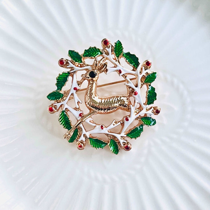 Reindeer Holly Wreath Brooch