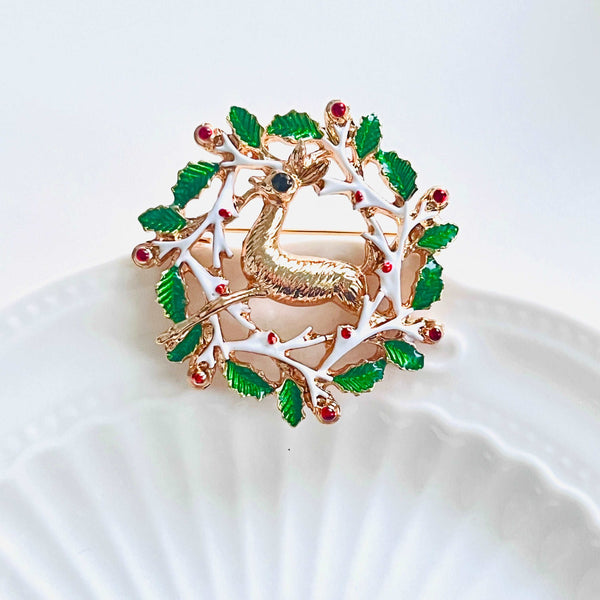 Reindeer Holly Wreath Brooch