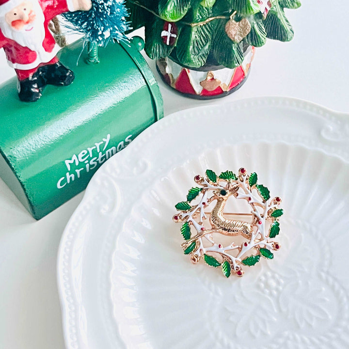 Reindeer Holly Wreath Brooch