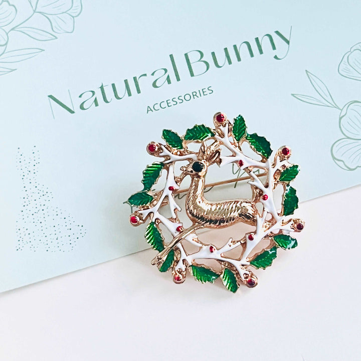 Reindeer Holly Wreath Brooch