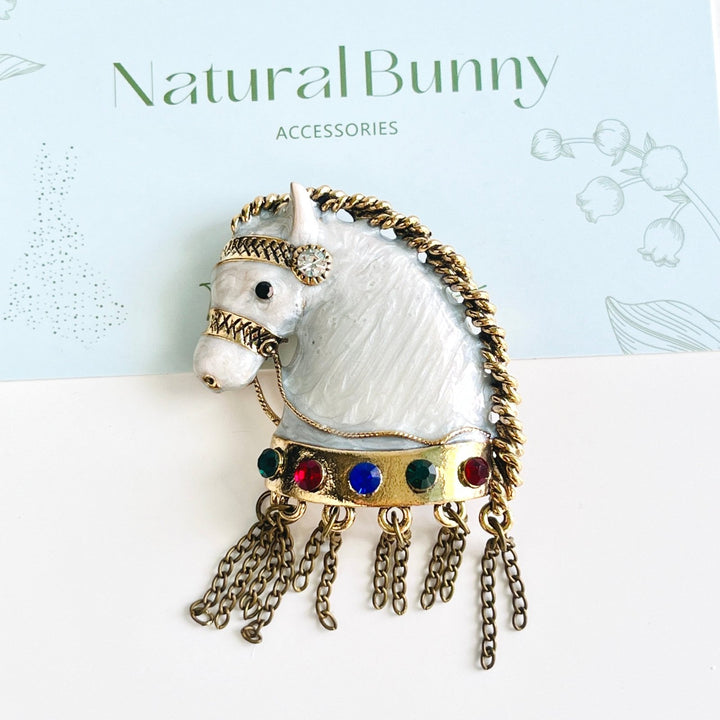 Retro White Horse Tassel Brooch - Natural Bunny Accessories