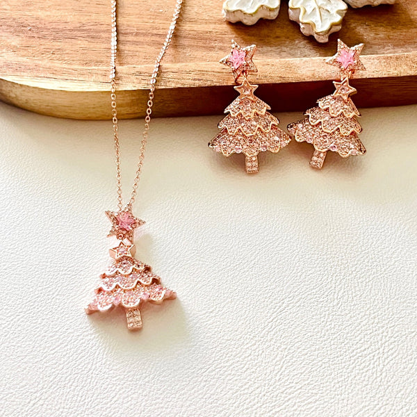Rose Pink Christmas Tree Star Earrings | Necklace Set - Natural Bunny Accessories