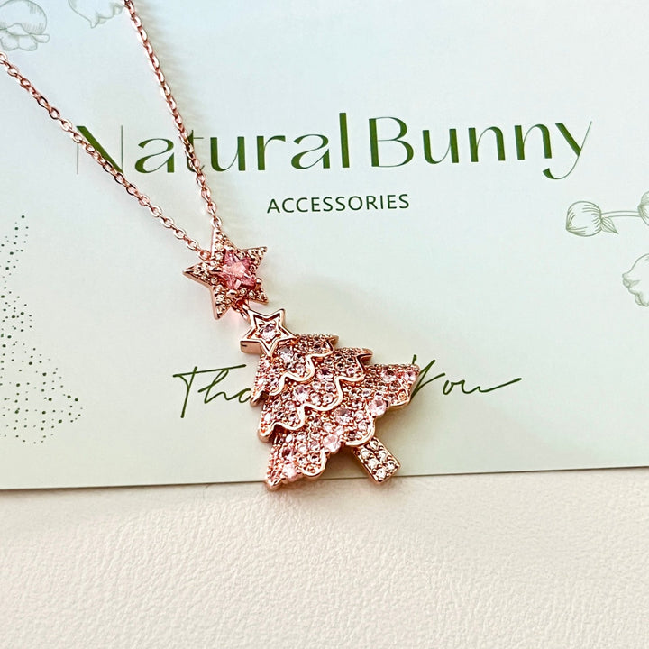 Rose Pink Christmas Tree Star Earrings | Necklace Set - Natural Bunny Accessories