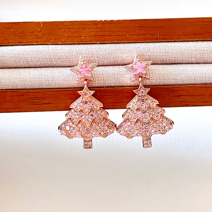Rose Pink Christmas Tree Star Earrings | Necklace Set - Natural Bunny Accessories