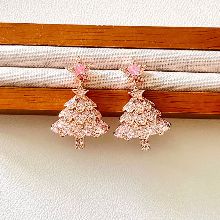 Rose Pink Christmas Tree Star Earrings | Necklace Set - Natural Bunny Accessories